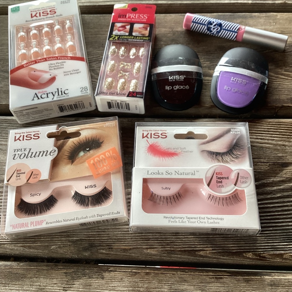 Bundle of Beauty Items - nails, lashes, lip gloss
